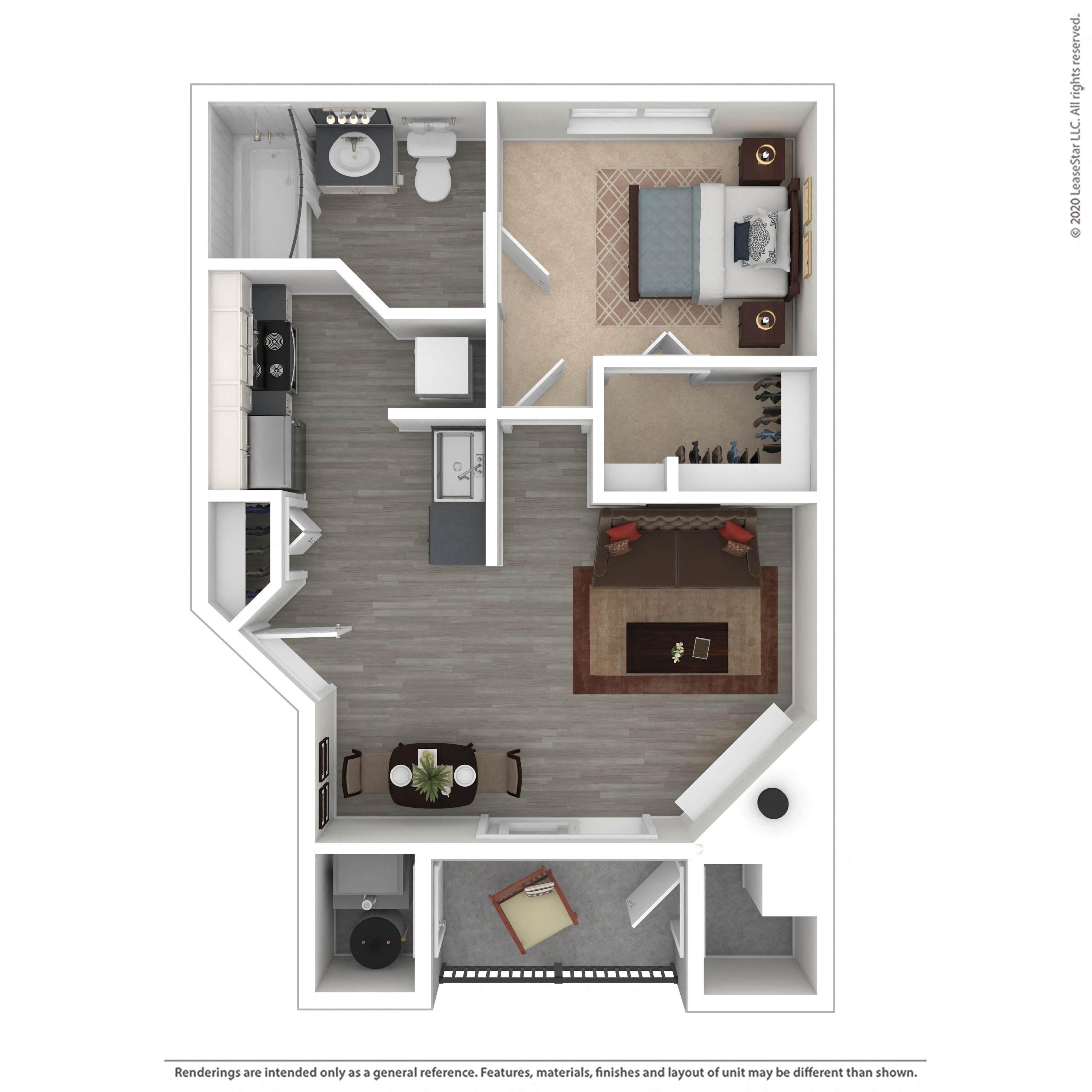 Floor plan for 1 bed, 1 bath, 535 sqft